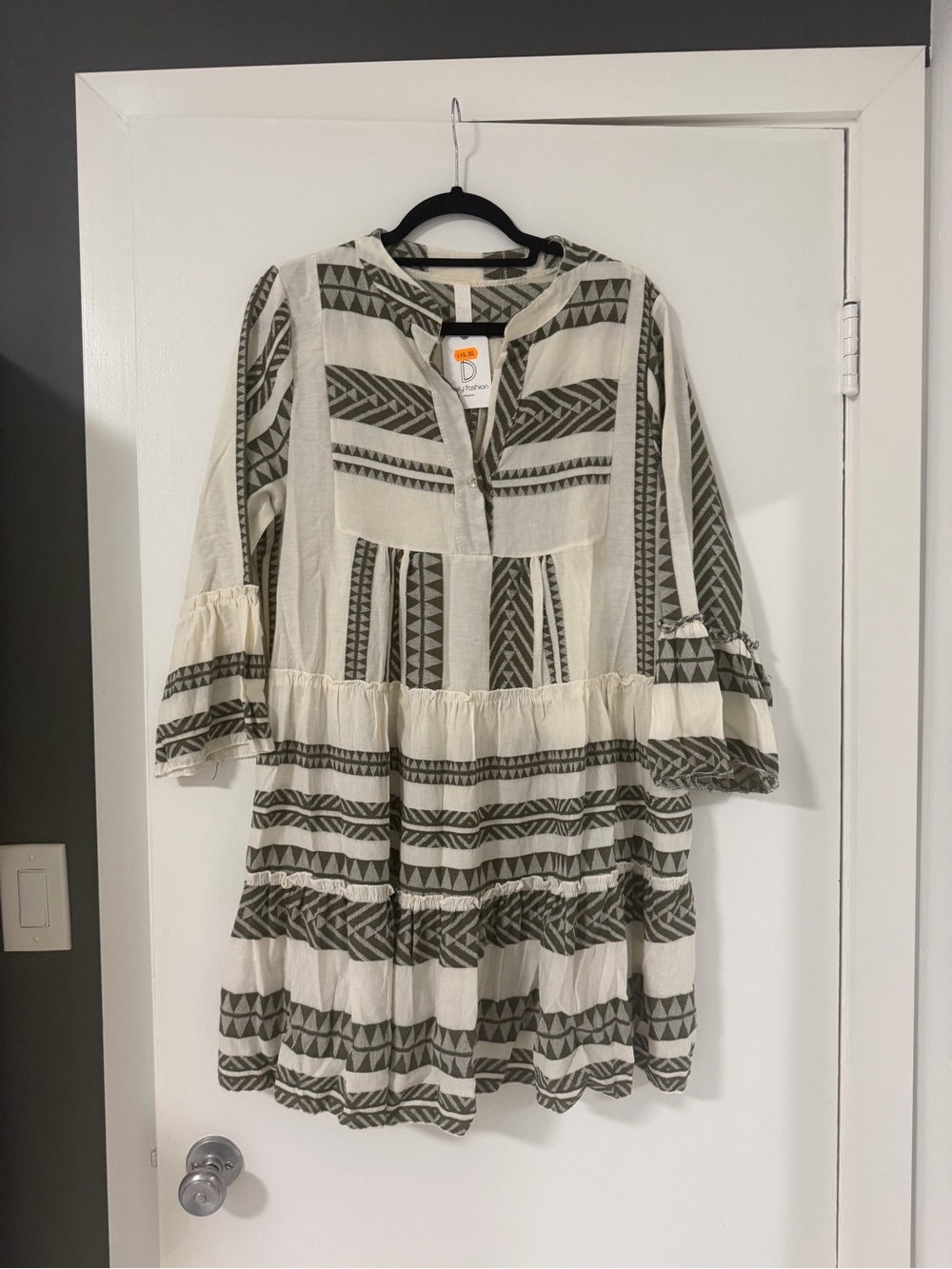 Boho Tiered Tunic Dress in Cream and Olive